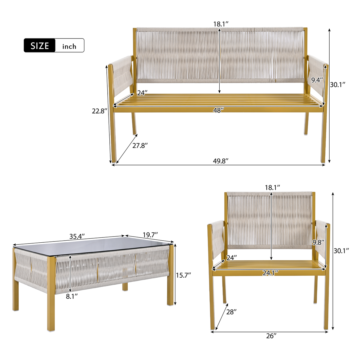 K&K 4-Piece Rope Patio Furniture Set, Outdoor Furniture with Tempered Glass Table, Patio Conversation Set Deep Seating with Thick Cushion for Backyard Porch Balcony (Beige&Mustard Yellow) SK000003AAZ-djyc