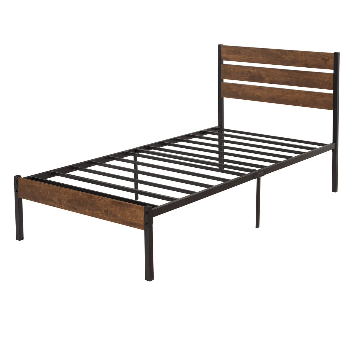 Twin Size Bed Frame with Wood Headboard, Metal Frame with Strong Slats, Noise Free,No Box Spring Needed-Brown W2336P167500-djyc