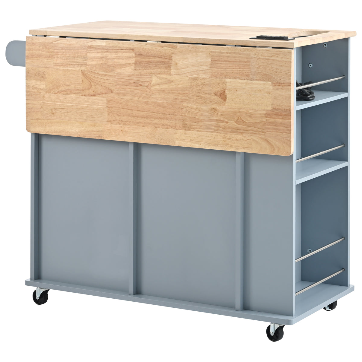 Kitchen Island with Power Outlet,Kitchen Storage Island with Drop Leaf and Rubber Wood,Open Storage and Wine Rack,5 Wheels,with Adjustable Storage for Home, Kitchen, and Dining Room, Grey Blue WF305556AAG-djyc