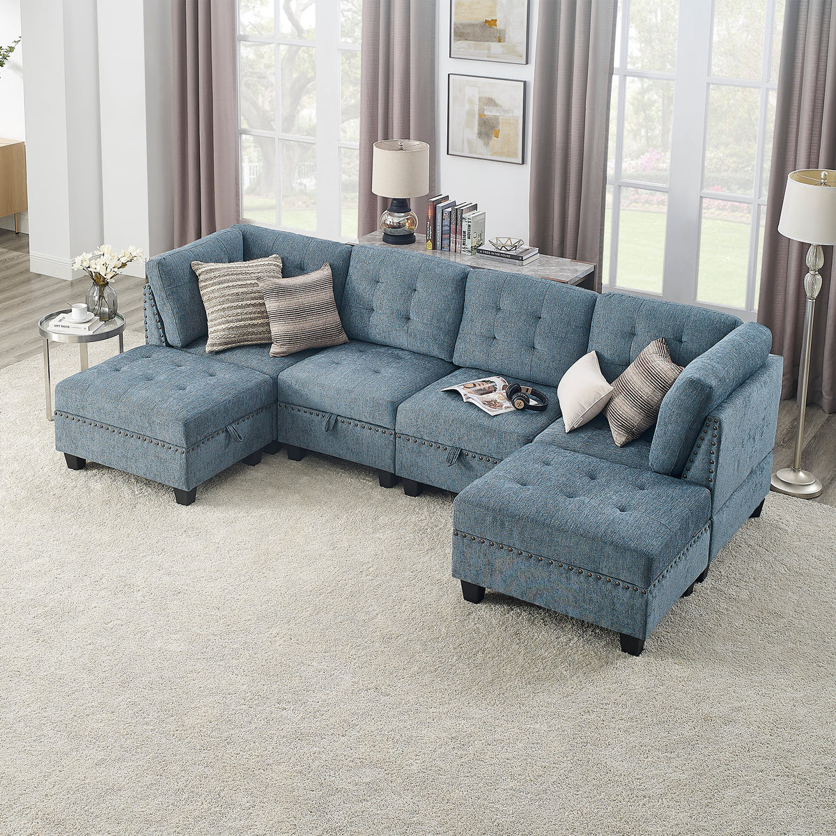 U shape Modular Sectional Sofa,DIY Combination,includes Two Single Chair ,Two Corner and Two Ottoman,Navy Chenille W487S00190-djyc