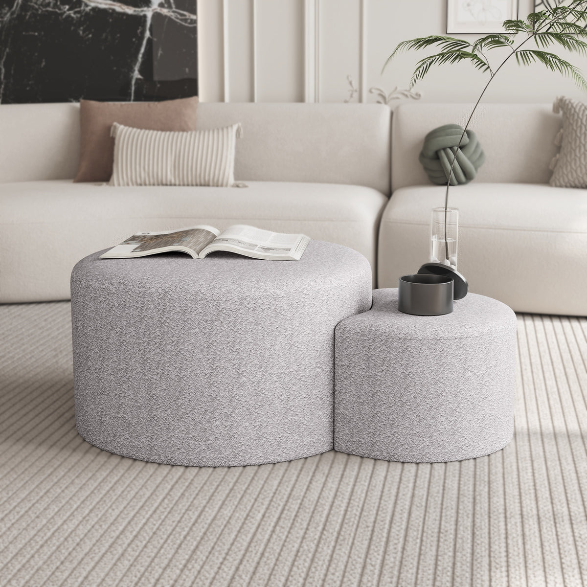 Upholstered Nesting Coffee Tables (Set of 2), Side Table, Footrest, Ottoman & Seat for Living Room Bedroom Entryway Office, Beige Yarn Dyed Fabric W1435P163393-djyc