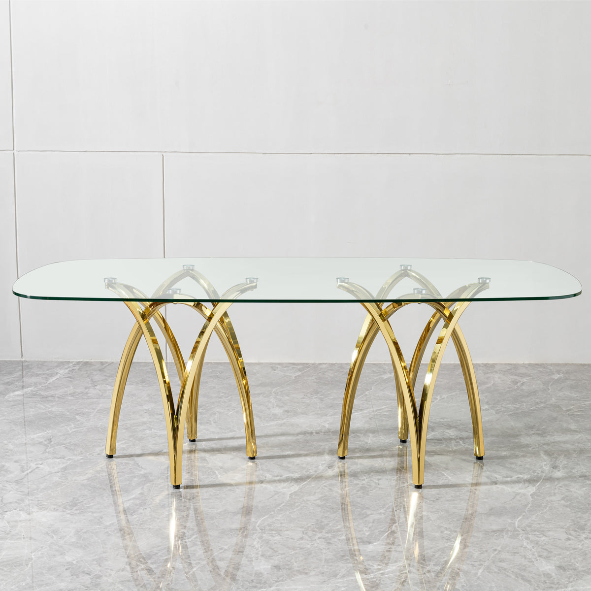 0.47" Thick Tempered Clear Glass Rectangular Big Dining Table with Gold Stainless Steel Base 86.61" L x 39.37" W x 29.92" H W2723S00001-djyc