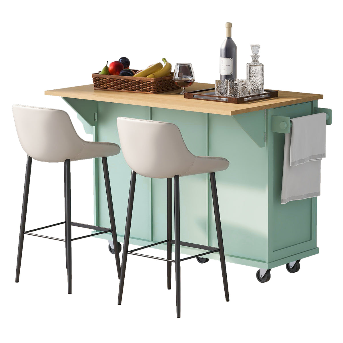 Kitchen Cart with Rubber wood Drop-Leaf Countertop ,Cabinet door internal storage racks,Kitchen Island on 5 Wheels with Storage Cabinet and 3 Drawers for Dinning Room, Mint Green WF298028AAE-djyc