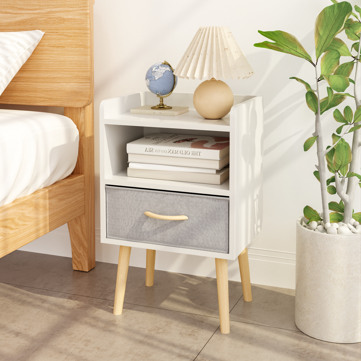 Nightstand With Collapsible Fabric Drawer, 2-Tier Storage End Table, Wood Side Table with Storage Cabinet for Kids, Adults - White W808P147114-djyc