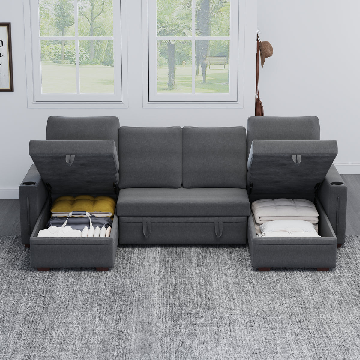 Sectional Sofa with Storage, 96" U Shaped Sectional Couches for Living Room, Comfy Convertible Sectional Sofa- Dark Grey W1669S00008-djyc