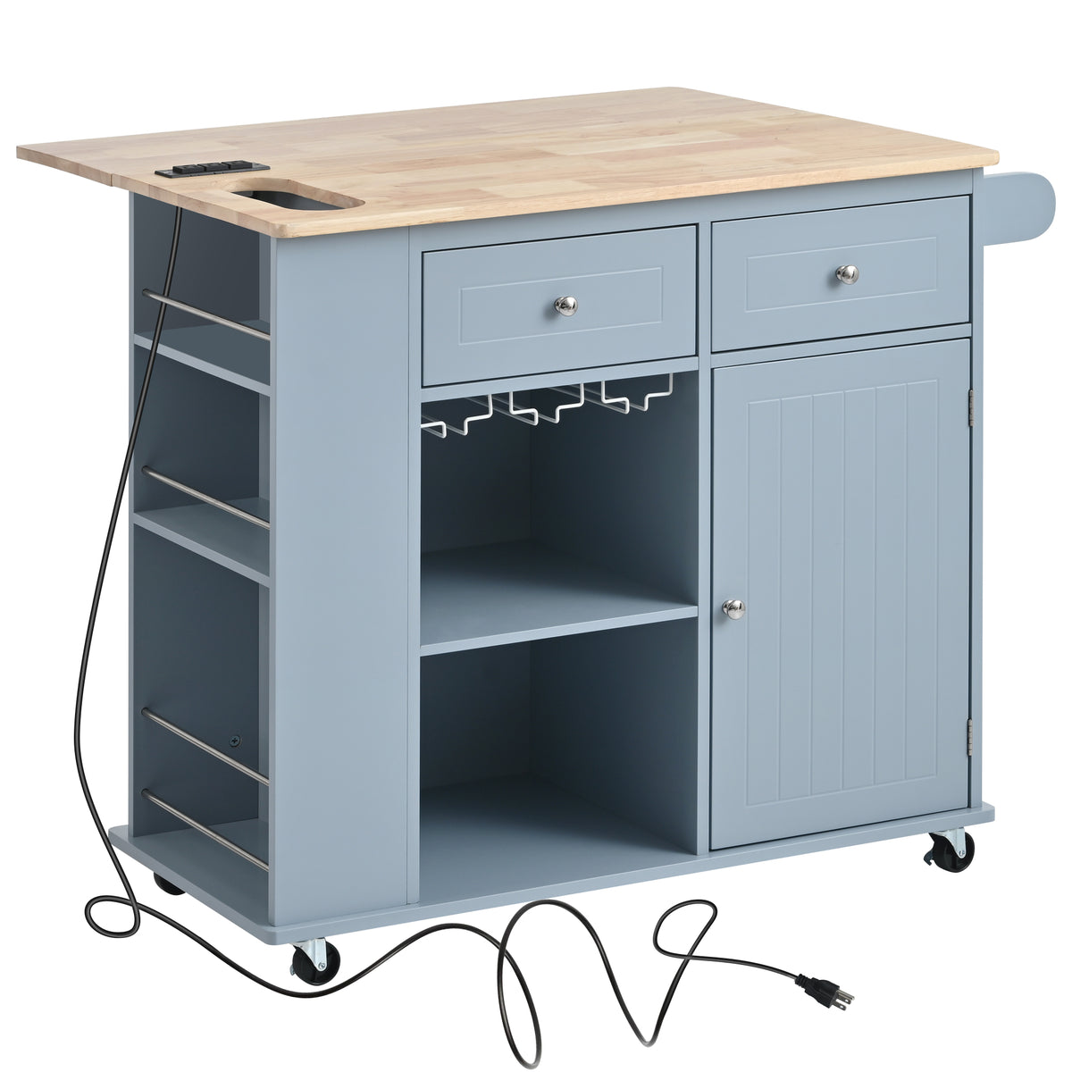 Kitchen Island with Power Outlet,Kitchen Storage Island with Drop Leaf and Rubber Wood,Open Storage and Wine Rack,5 Wheels,with Adjustable Storage for Home, Kitchen, and Dining Room, Grey Blue WF305556AAG-djyc