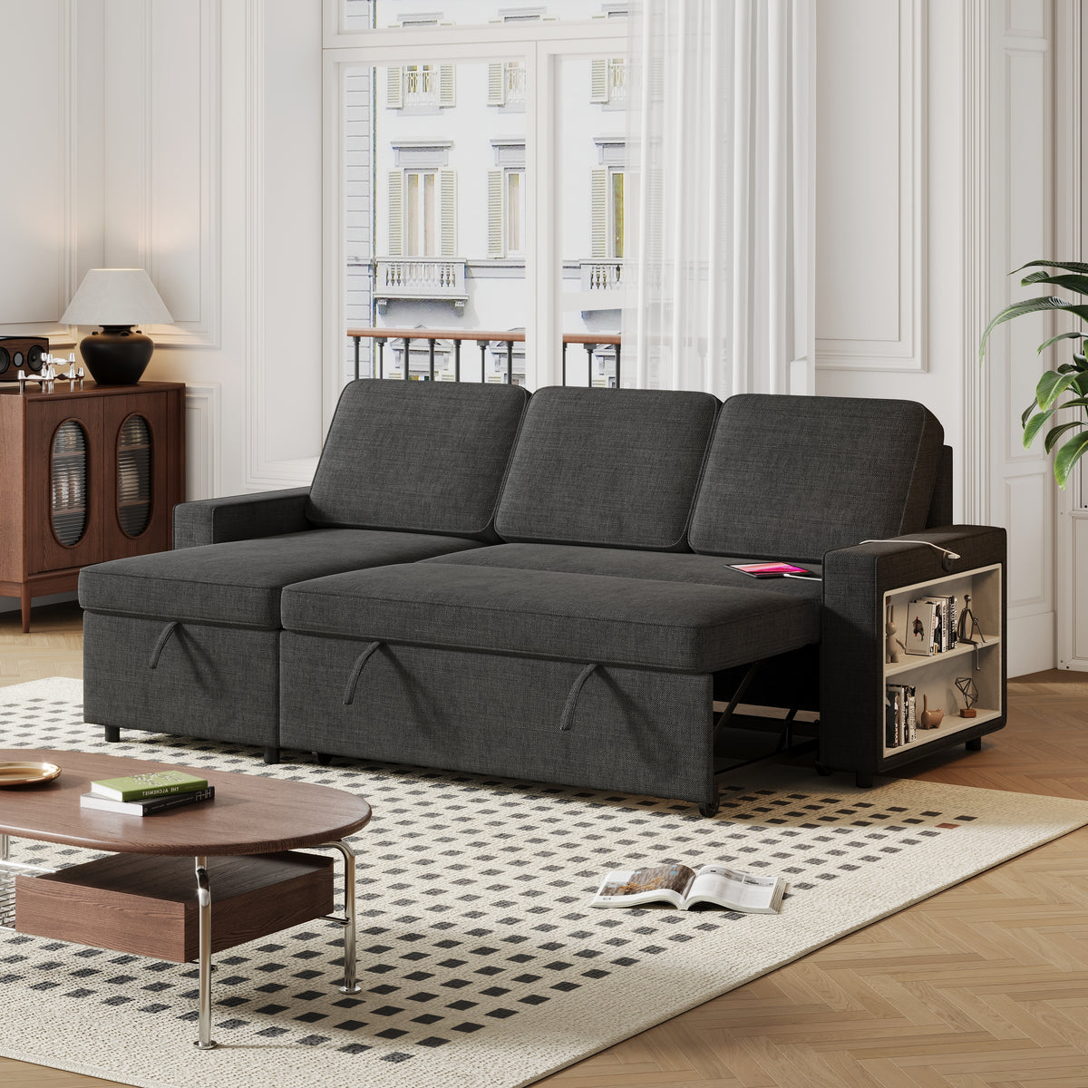 85.8" Pull Out Sleeper Sofa L-Shaped Couch Convertible Sofa Bed with Storage Chaise And Storage Racks,With USB Port And T-pyce Port W834S00265-djyc