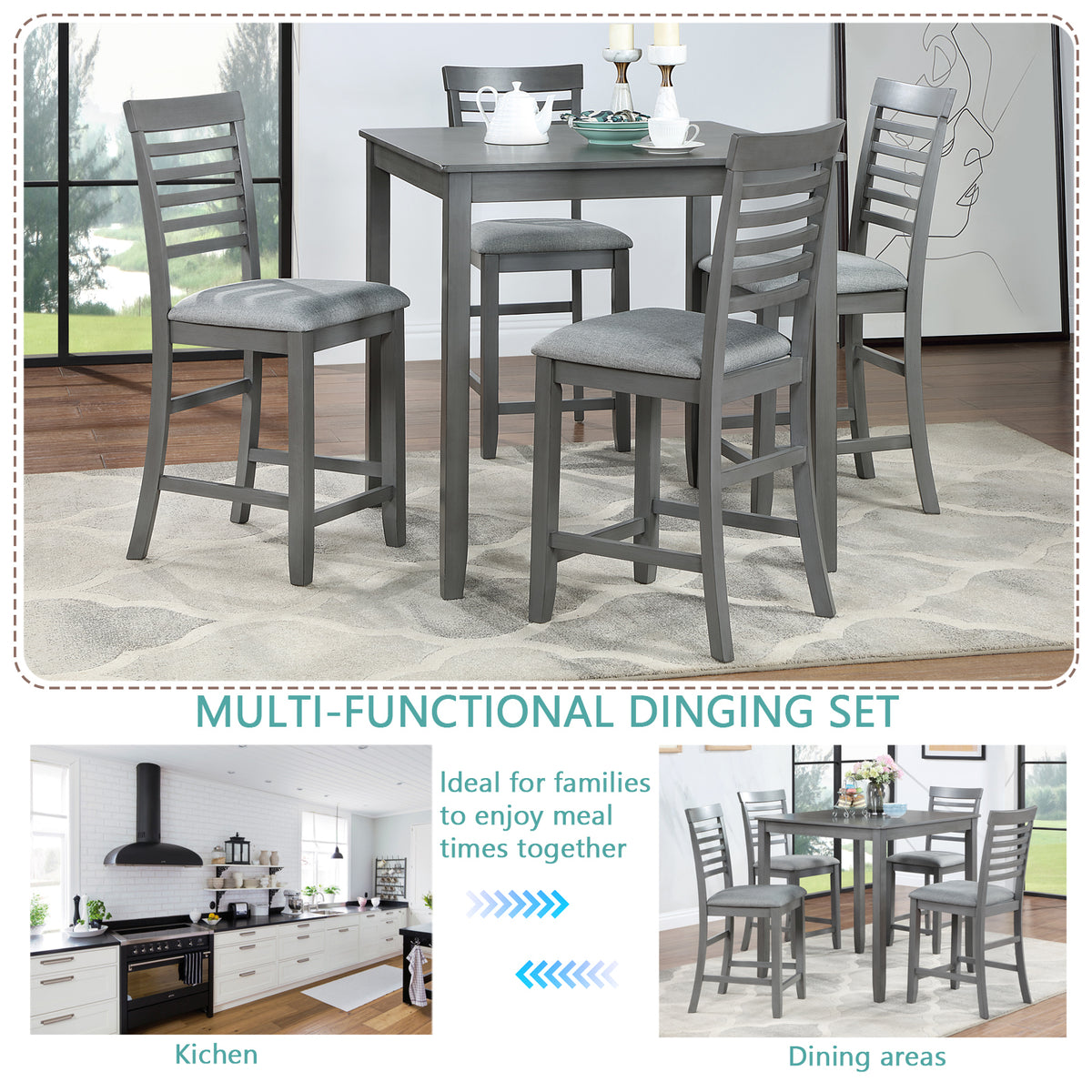 5 Piece Dining Table Set, Wooden Dining Square Table Set for 4, Counter Height Kitchen Table Set with Square Table and 4 Upholstered Chairs for Small Space, Gray W1998S00029-djyc