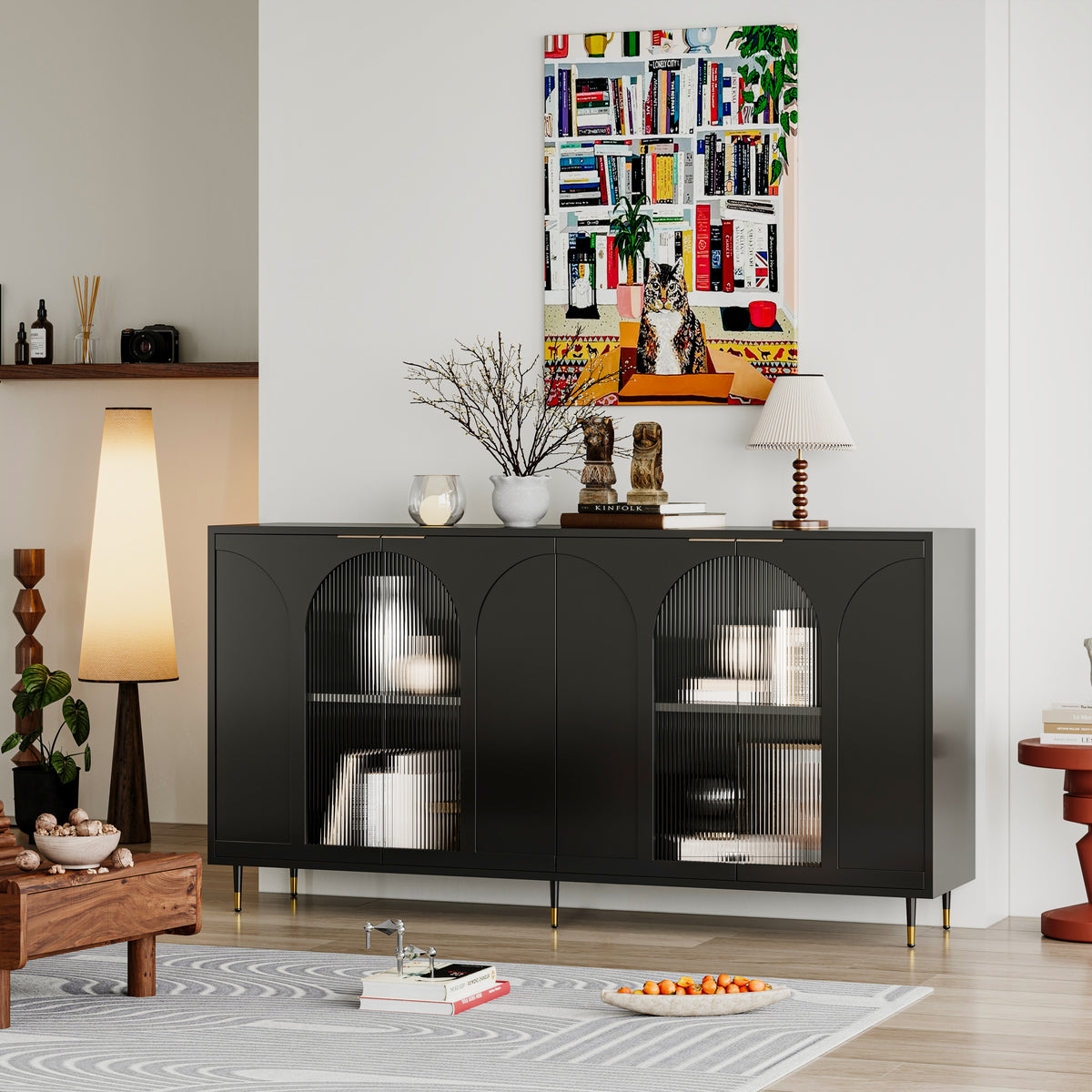 Accent Cabinet Black Lacquered Wooden Cabinet with 4 Glass Doors Sideboard Buffet Server Cabinet Storage Cabinet, for Living Room, Entryway, Hallway, Office, Kitchen and Dining Room W1435133310-djyc