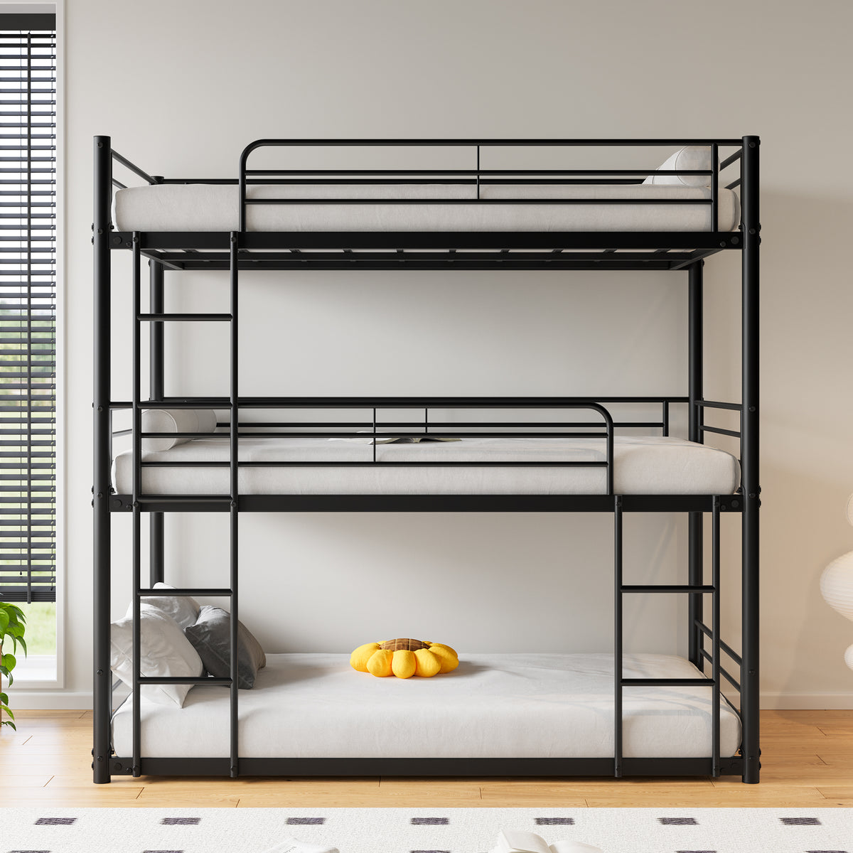 Triple Twin Bunk Beds, Twin Over Twin Over Twin Metal Bunk Bed Platform Frame, Two Attached Ladders, Easy Access Guard-Rail, No Box Spring Need (Black) W840P209935-djyc