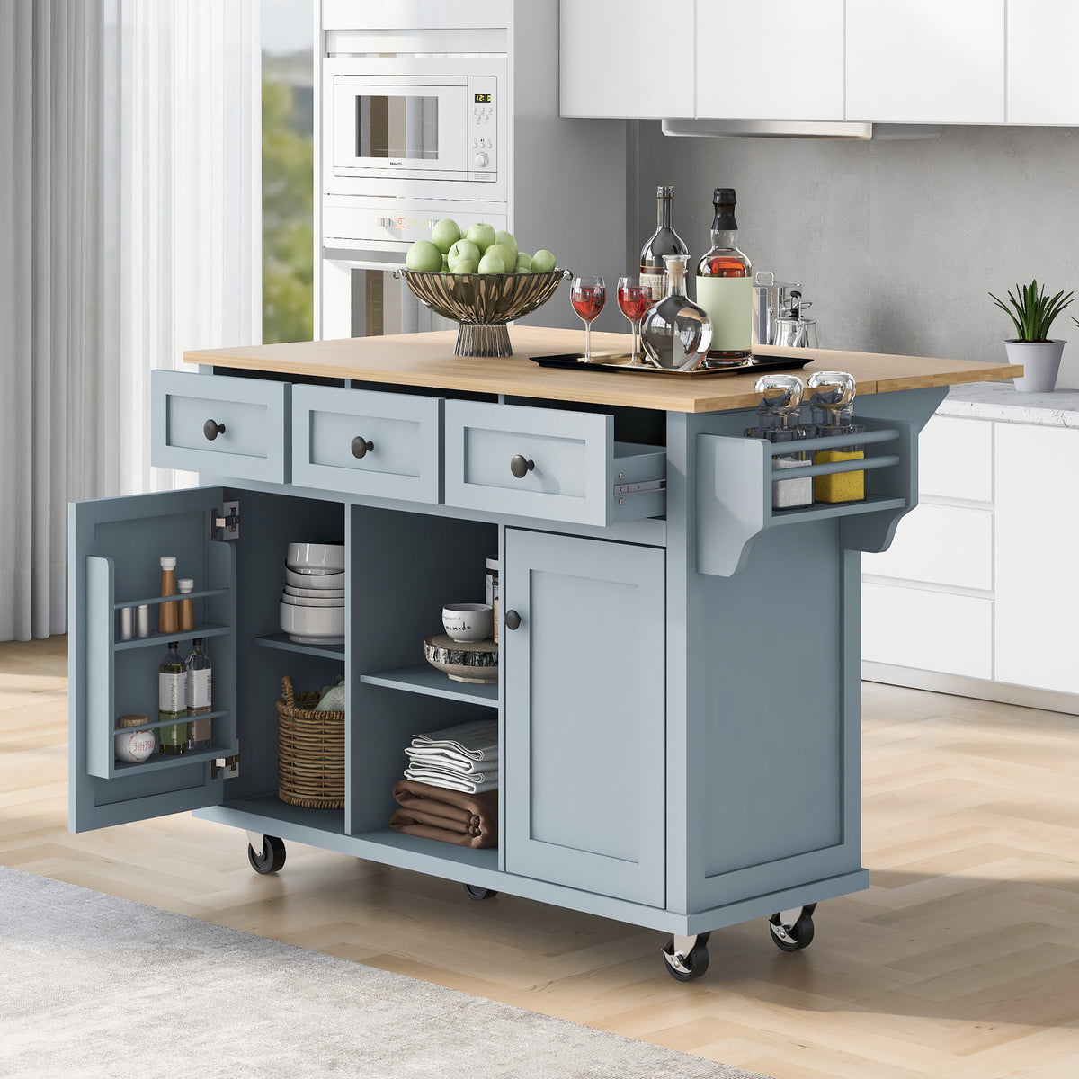 Kitchen Cart with Rubber wood Drop-Leaf Countertop ,Cabinet door internal storage racks,Kitchen Island on 5 Wheels with Storage Cabinet and 3 Drawers for Dinning Room, Grey Blue WF298028AAN-djyc