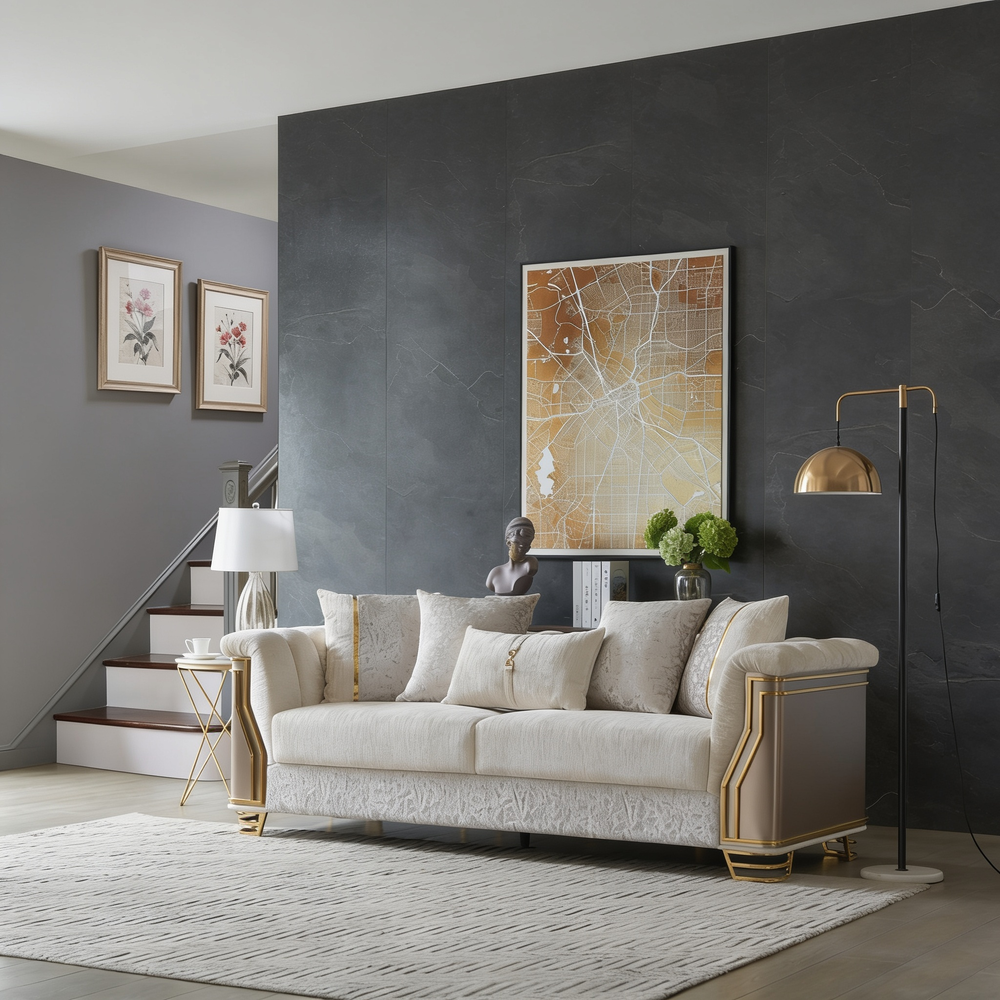 Chateau Two-Tone Wood Upholstery Sofa with Modern Flawless Design, Stainless Steel Gold Accents, and Cream Finish-B009P417488 - 正方形修复