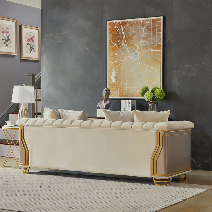 Chateau Two-Tone Wood Upholstery Sofa with Modern Flawless Design, Stainless Steel Gold Accents, and Cream Finish-B009P417488 - 正方形修复