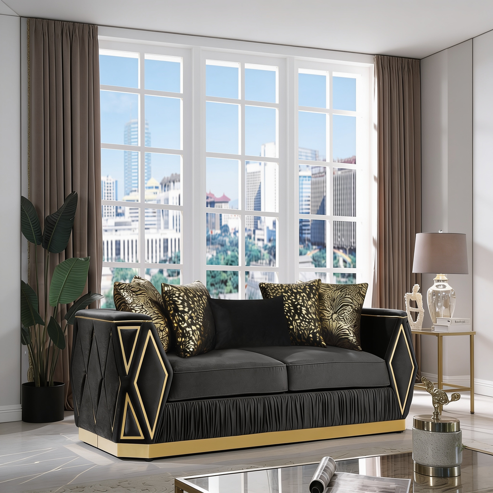 Cavalli Contemporary Style Upholstery Diamond Pattern Sofa Made with Wood in Gold accent & Black-B009P417494 - 正方形修复