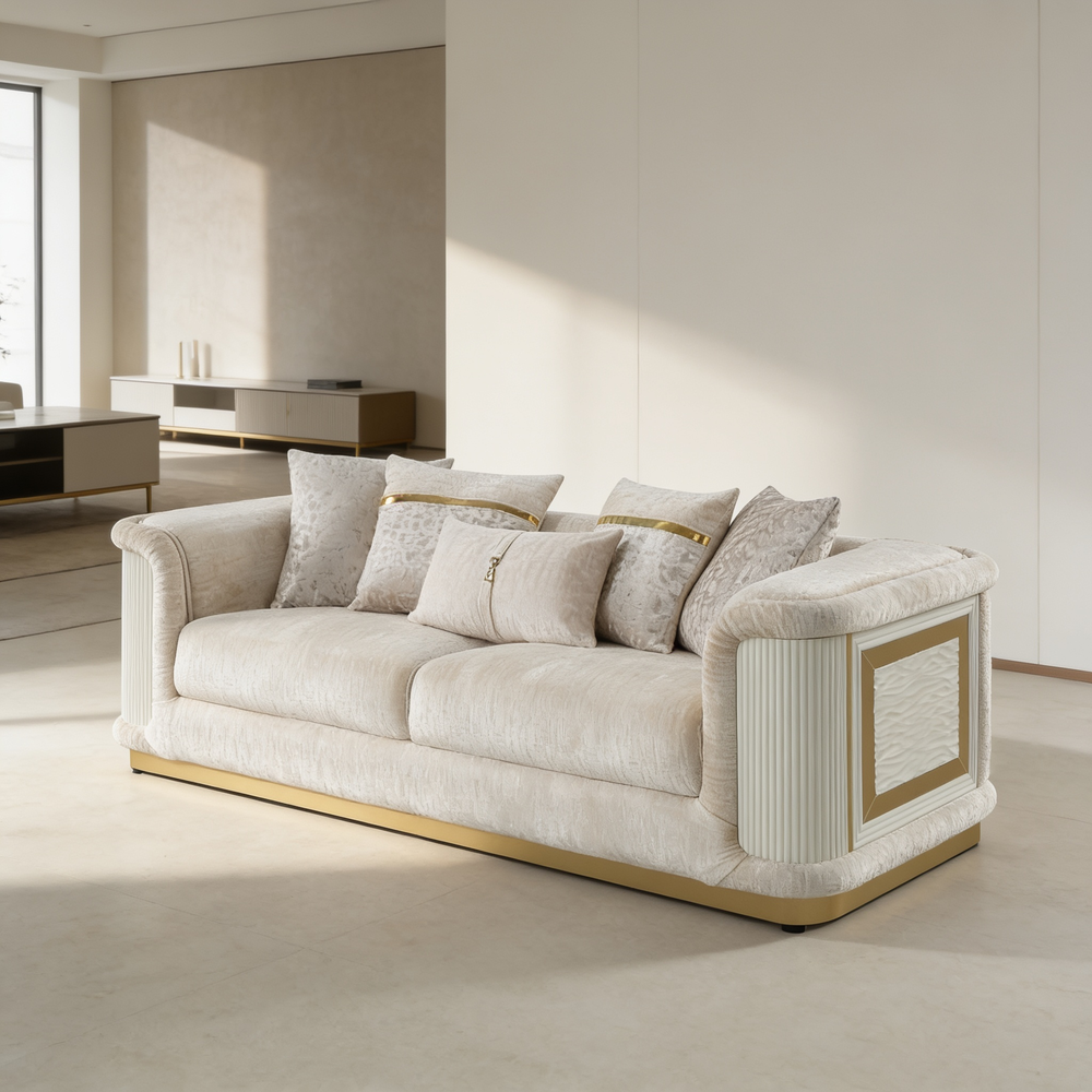 Bona 2-Piece Set featuring the luxurious Sofa and Loveseat, both adorned with gold accents and diamond-pattern details, offering a coordinated modern look for an elegant living room upgrade.-B009S02176 - 场景图