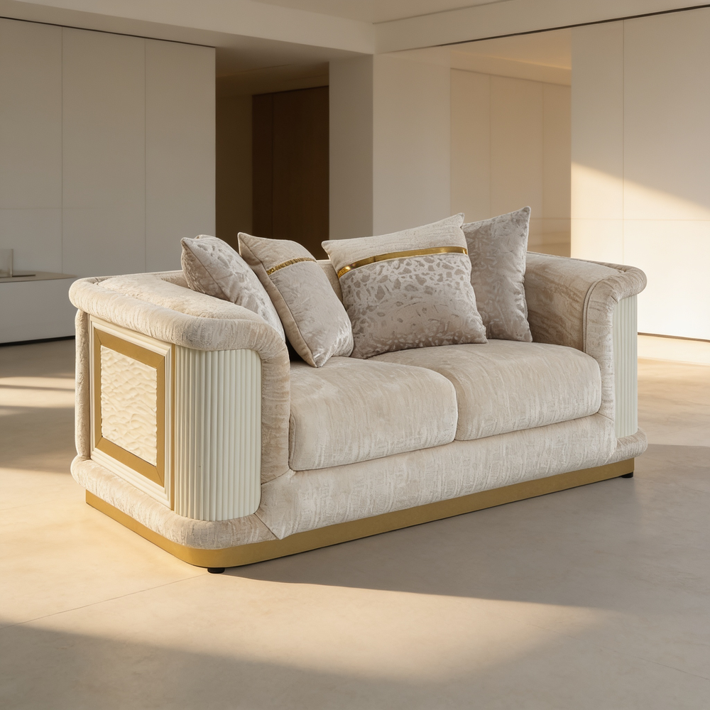 Bona 2-Piece Set featuring the luxurious Sofa and Loveseat, both adorned with gold accents and diamond-pattern details, offering a coordinated modern look for an elegant living room upgrade.-B009S02176 - 场景图
