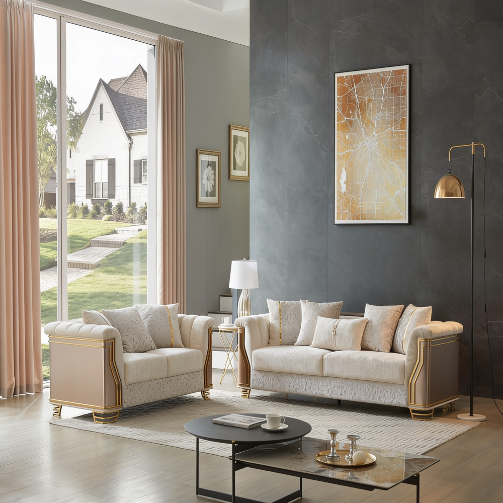Chateau Two-Tone Wood Upholstery 2Pc Set with Modern Design, Stainless Steel Gold Accents, and Cream Finish-B009S02178 - 正方形修复