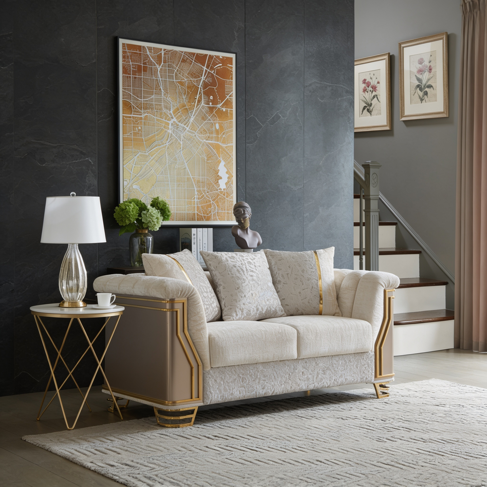 Chateau Two-Tone Wood Upholstery 2Pc Set with Modern Design, Stainless Steel Gold Accents, and Cream Finish-B009S02178 - 正方形修复