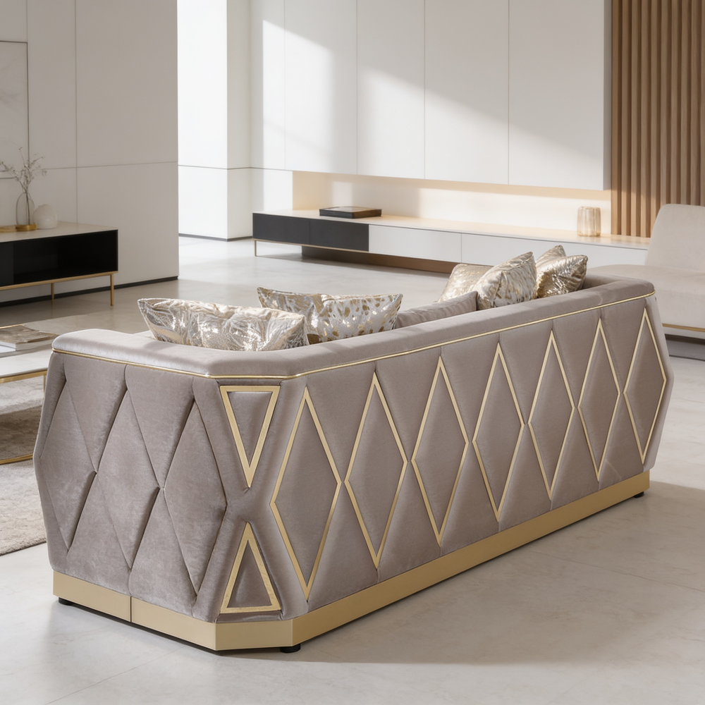 Cavalli Contemporary Style Upholstery Diamond Pattern 2PC Livingroom Set Made with Wood in Gold accent & Taupe-B009S02180 - 场景图