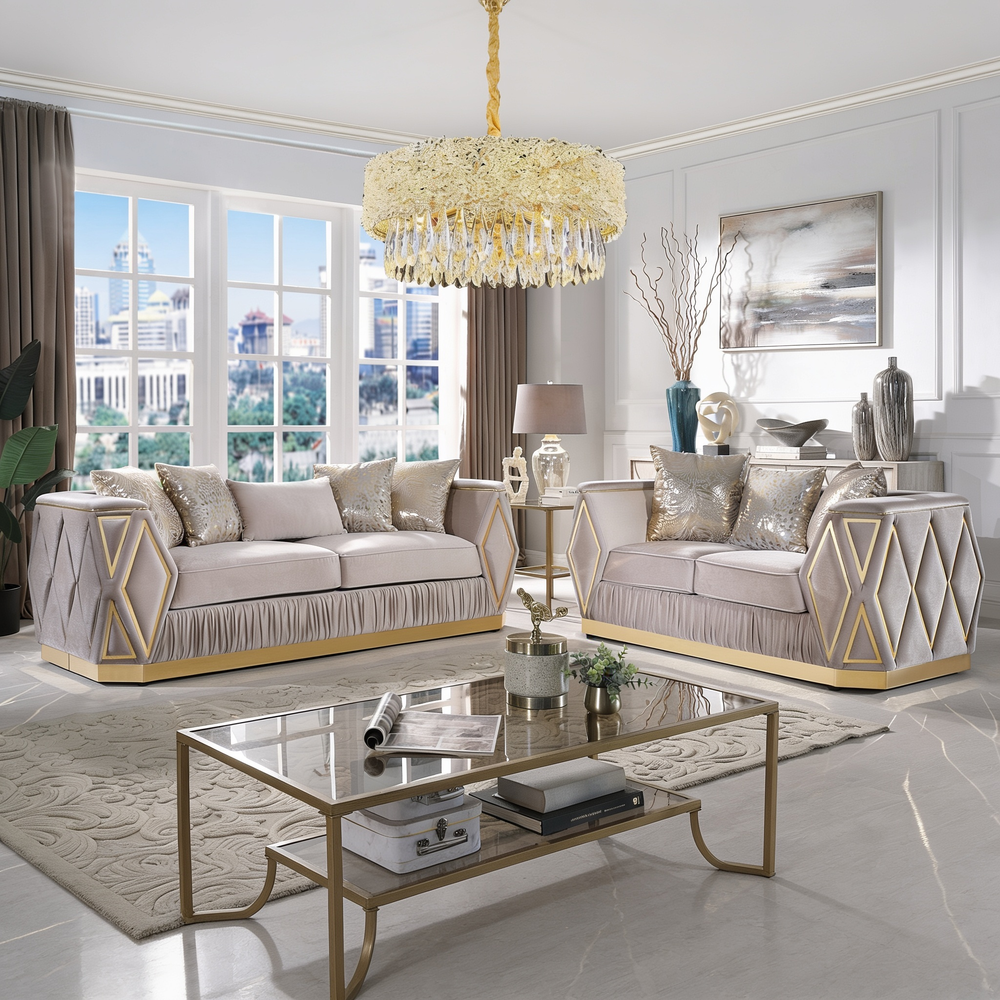 Cavalli Contemporary Style Upholstery Diamond Pattern 2PC Livingroom Set Made with Wood in Gold accent & Taupe-B009S02180 - 正方形修复