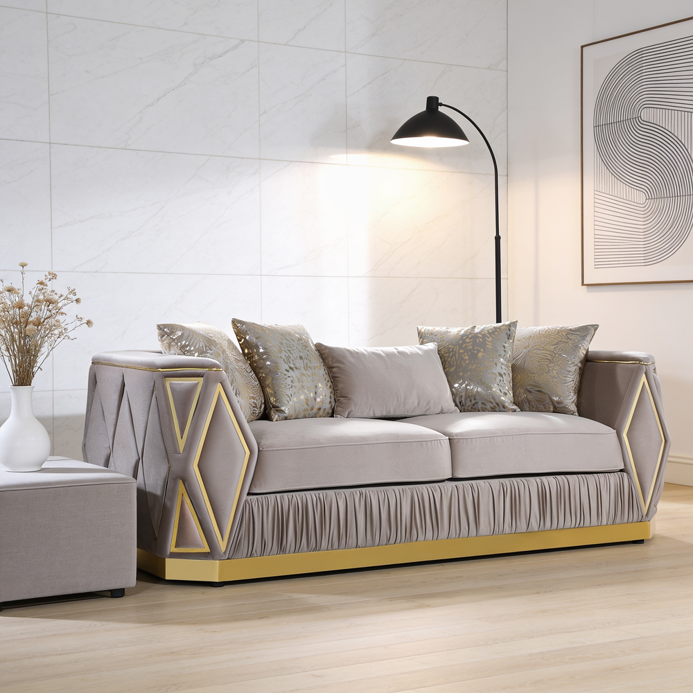 Cavalli Contemporary Style Upholstery Diamond Pattern 3PC Livingroom Set Made with Wood in Gold accent & Taupe-B009S02181 - 场景图