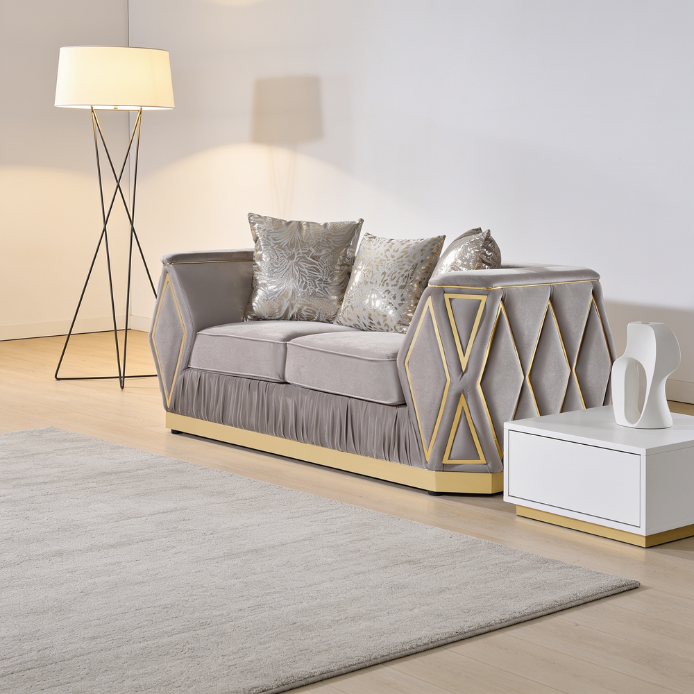 Cavalli Contemporary Style Upholstery Diamond Pattern 3PC Livingroom Set Made with Wood in Gold accent & Taupe-B009S02181 - 场景图