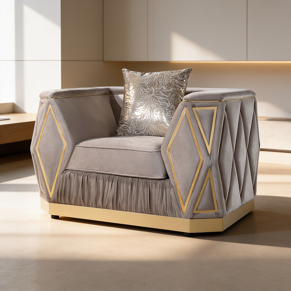 Cavalli Contemporary Style Upholstery Diamond Pattern 3PC Livingroom Set Made with Wood in Gold accent & Taupe-B009S02181 - 场景图
