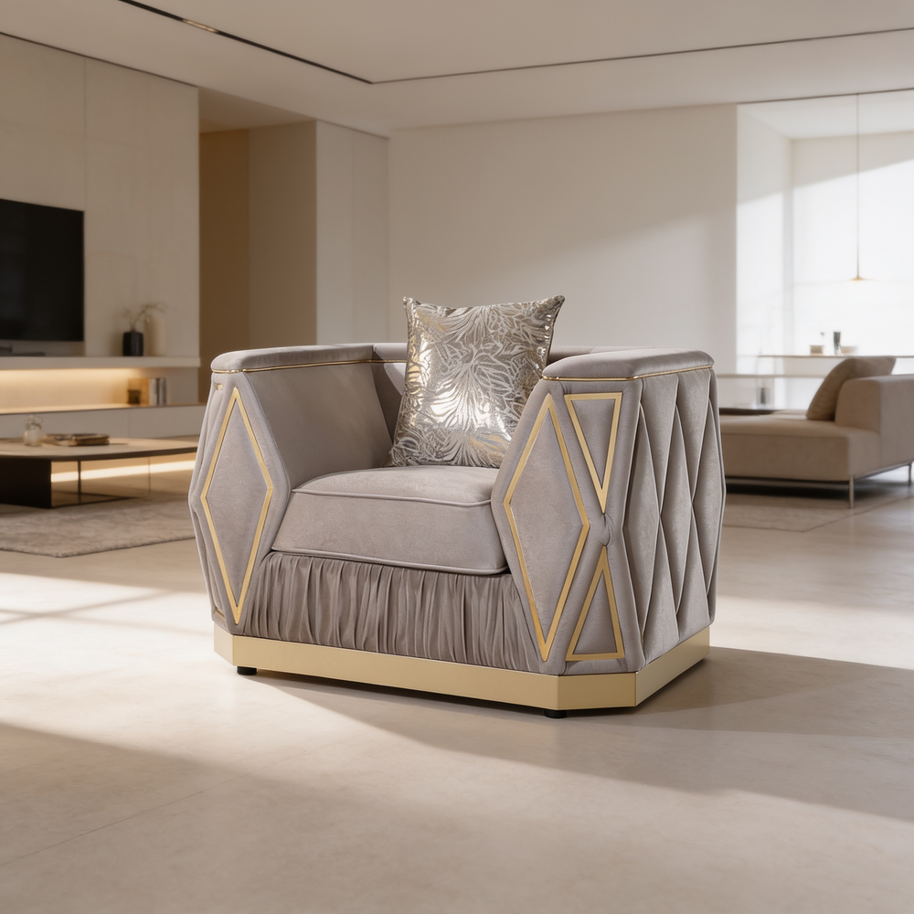Cavalli Contemporary Style Upholstery Diamond Pattern 3PC Livingroom Set Made with Wood in Gold accent & Taupe-B009S02181 - 场景图
