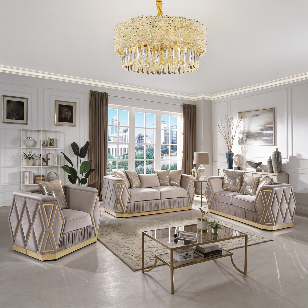 Cavalli Contemporary Style Upholstery Diamond Pattern 3PC Livingroom Set Made with Wood in Gold accent & Taupe-B009S02181 - 正方形修复