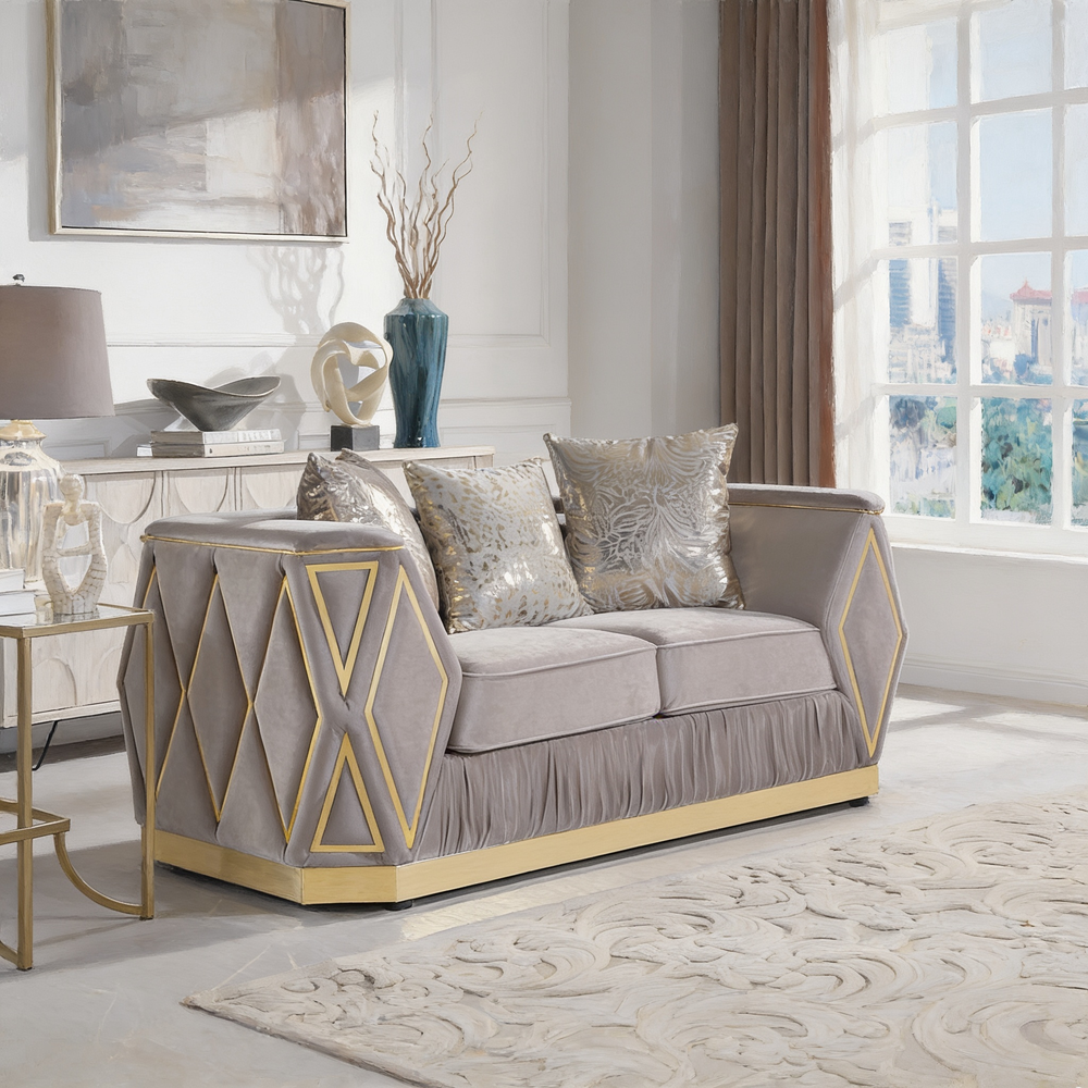 Cavalli Contemporary Style Upholstery Diamond Pattern 3PC Livingroom Set Made with Wood in Gold accent & Taupe-B009S02181 - 细节图