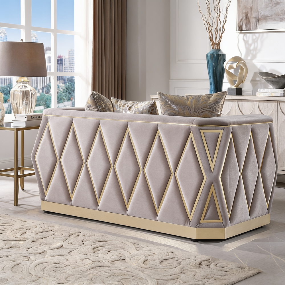 Cavalli Contemporary Style Upholstery Diamond Pattern 3PC Livingroom Set Made with Wood in Gold accent & Taupe-B009S02181 - 细节图