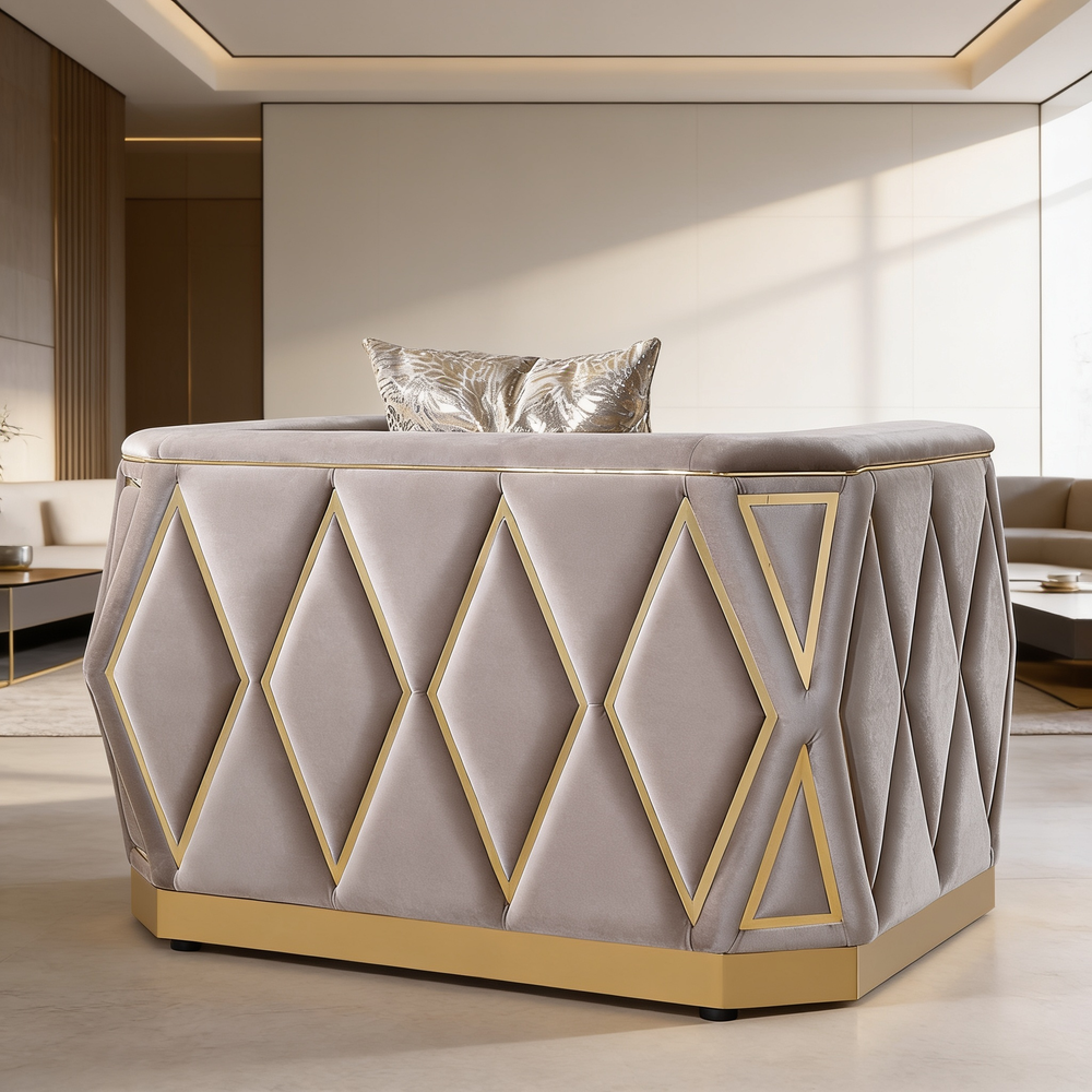 Cavalli Contemporary Style Upholstery Diamond Pattern 3PC Livingroom Set Made with Wood in Gold accent & Taupe-B009S02181 - 细节图