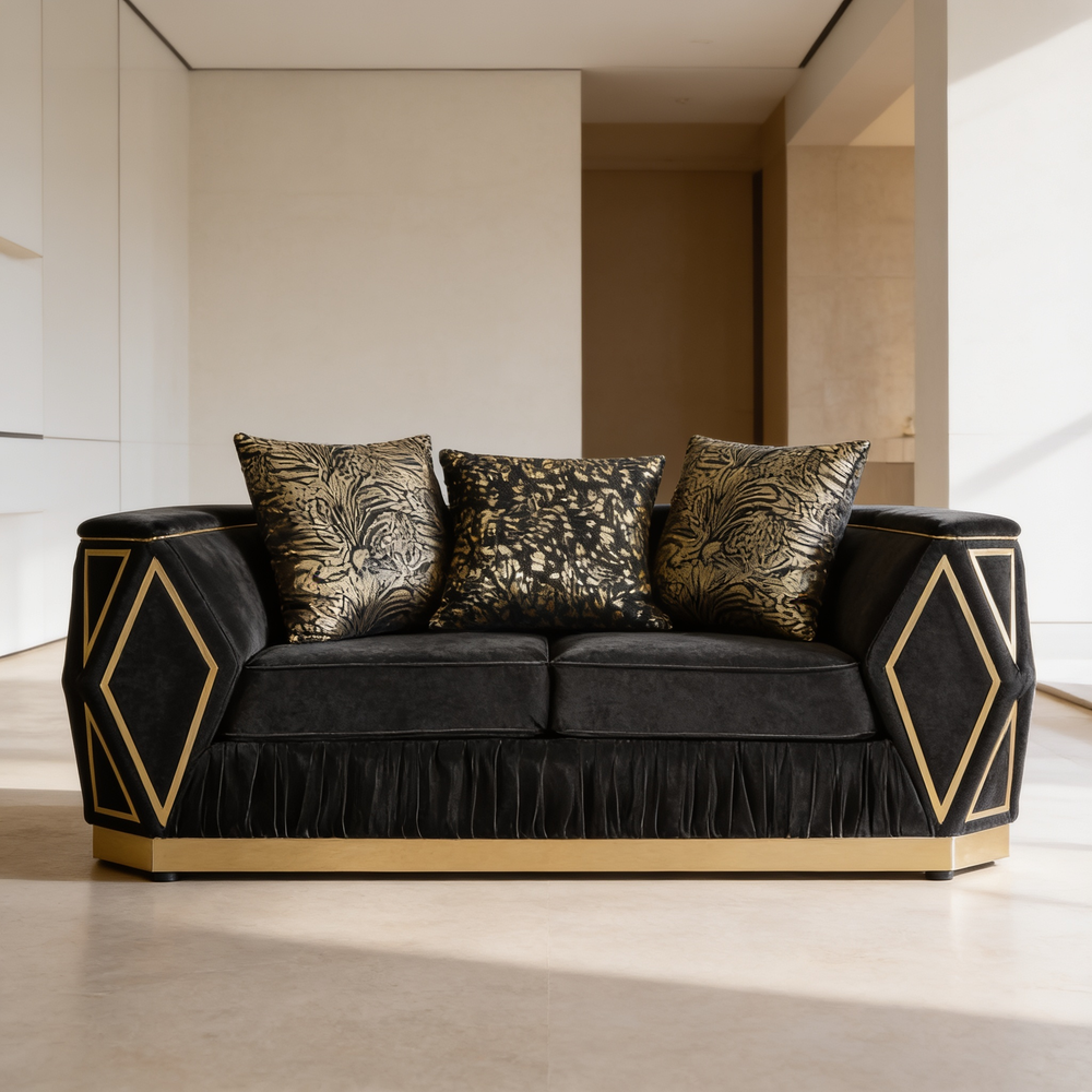 Cavalli Contemporary Style Upholstery Diamond Pattern 2PC Livingroom Set Made with Wood in Gold accent & Black-B009S02182 - 场景图
