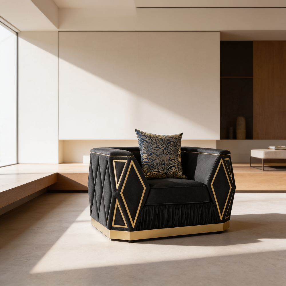 Cavalli Contemporary Style Upholstery Diamond Pattern 2PC Livingroom Set Made with Wood in Gold accent & Black-B009S02182 - 场景图