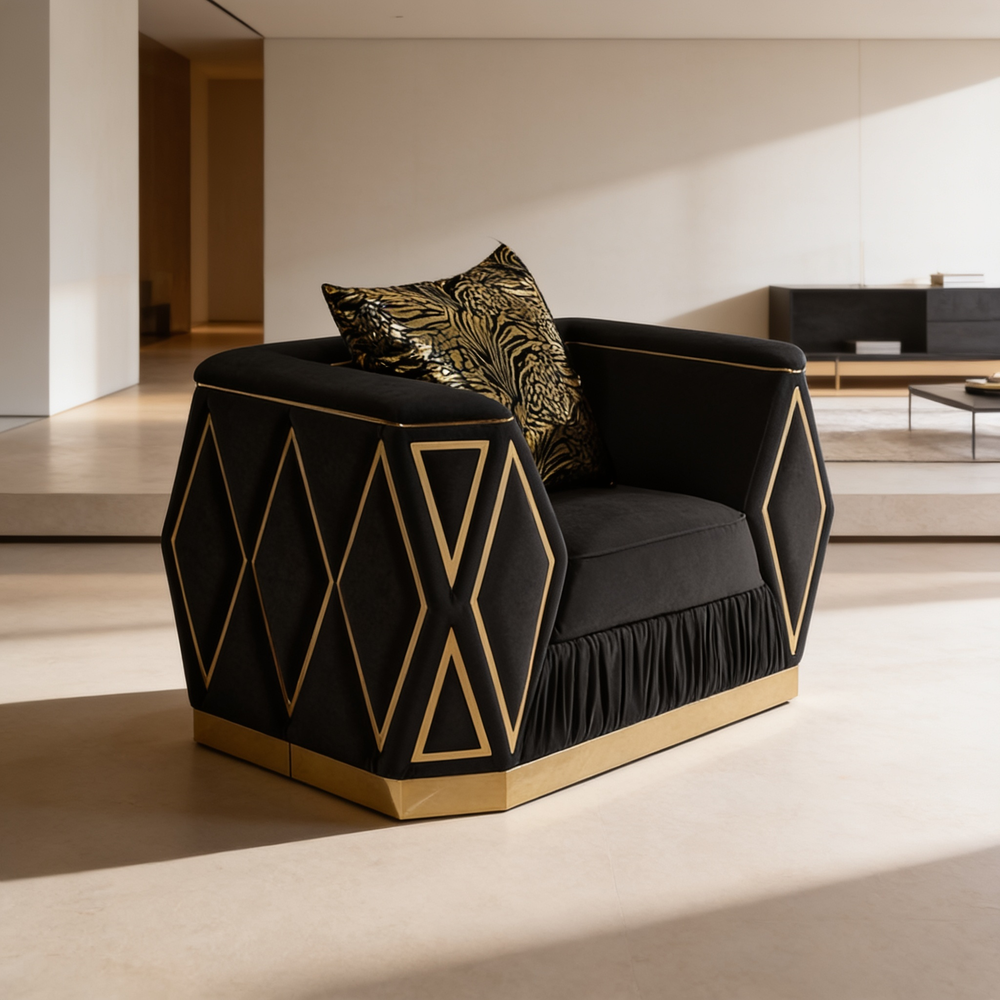 Cavalli Contemporary Style Upholstery Diamond Pattern 2PC Livingroom Set Made with Wood in Gold accent & Black-B009S02182 - 场景图