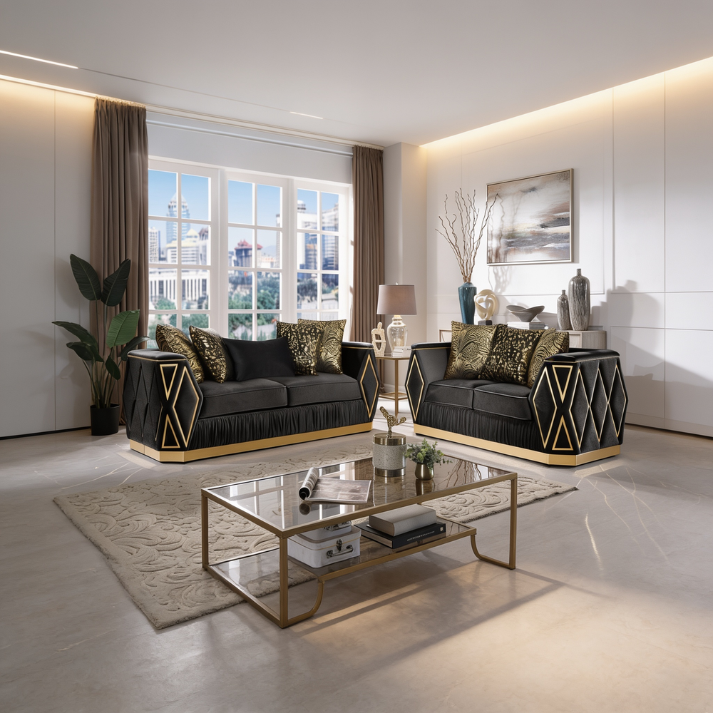 Cavalli Contemporary Style Upholstery Diamond Pattern 2PC Livingroom Set Made with Wood in Gold accent & Black-B009S02182 - 正方形修复