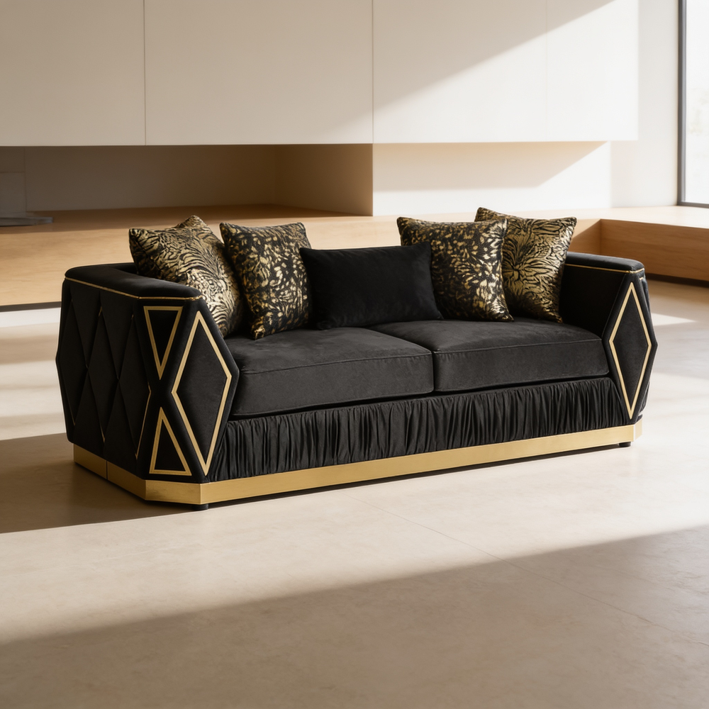 Cavalli Contemporary Style Upholstery Diamond Pattern 3PC Livingroom Set Made with Wood in Gold accent & Black-B009S02183 - 场景图