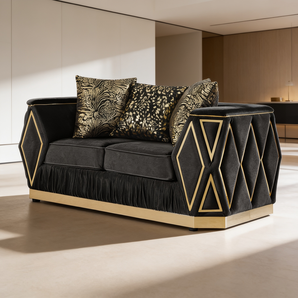 Cavalli Contemporary Style Upholstery Diamond Pattern 3PC Livingroom Set Made with Wood in Gold accent & Black-B009S02183 - 场景图