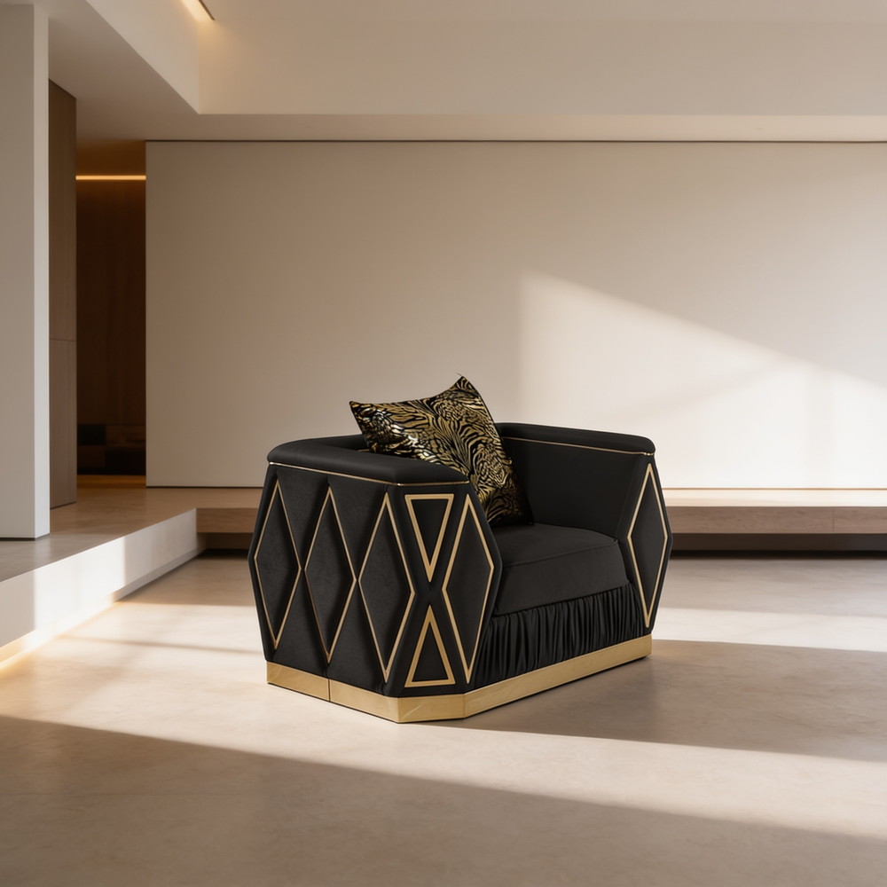 Cavalli Contemporary Style Upholstery Diamond Pattern 3PC Livingroom Set Made with Wood in Gold accent & Black-B009S02183 - 场景图