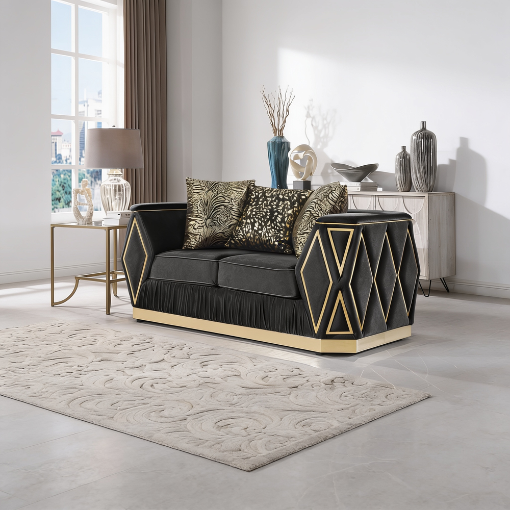 Cavalli Contemporary Style Upholstery Diamond Pattern 3PC Livingroom Set Made with Wood in Gold accent & Black-B009S02183 - 正方形修复