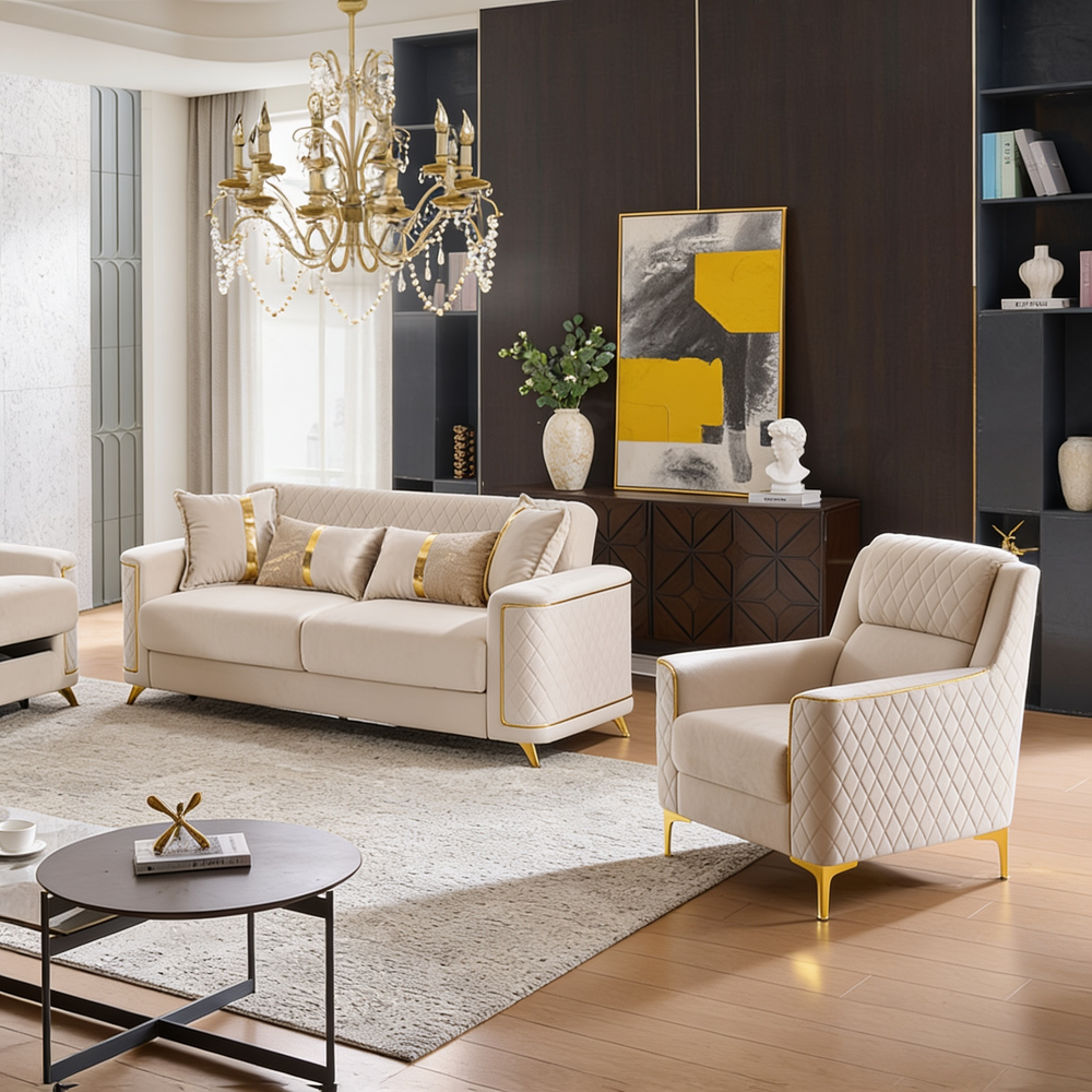 Lisa 3Pc Sofa, Loveseat and Accent Chair Set in Ivory-B009S02228 - 正方形修复