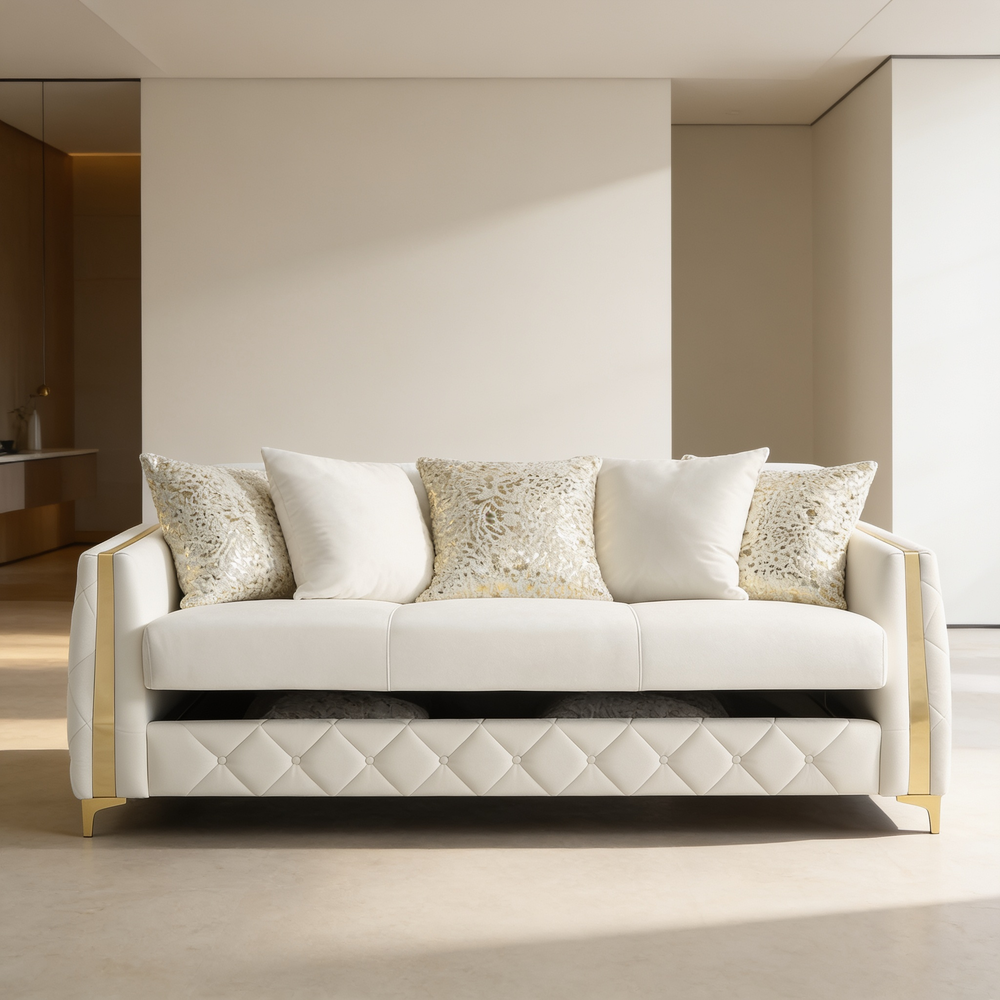 Lippa Upholstered Sofa in Off White Fabric with Gold Stainless Steel Legs, Foam Cushioning and Sturdy Wood Frame-B009S02230 - 场景图