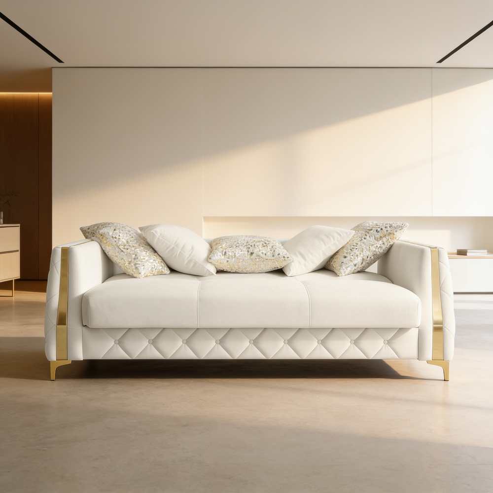 Lippa Upholstered Sofa in Off White Fabric with Gold Stainless Steel Legs, Foam Cushioning and Sturdy Wood Frame-B009S02230 - 场景图