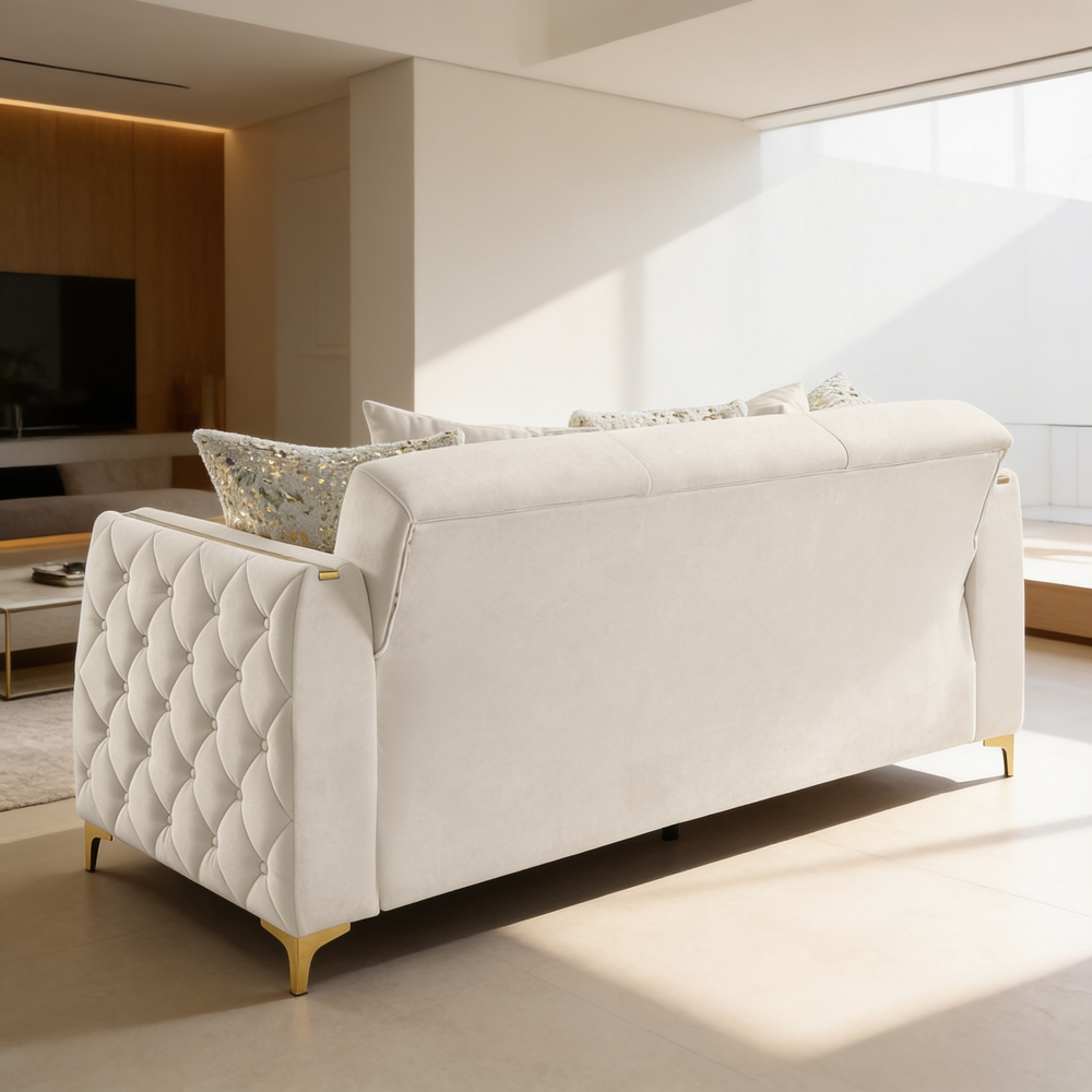 Lippa Upholstered Sofa in Off White Fabric with Gold Stainless Steel Legs, Foam Cushioning and Sturdy Wood Frame-B009S02230 - 场景图