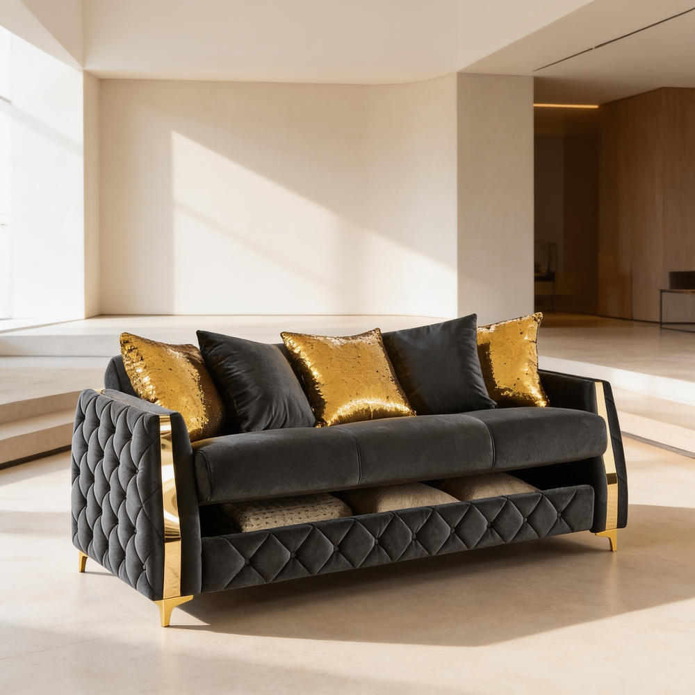 Lippa Upholstered Sofa in Black Fabric with Gold Stainless Steel Legs, Foam Cushioning and Sturdy Wood Frame-B009S02234 - 场景图
