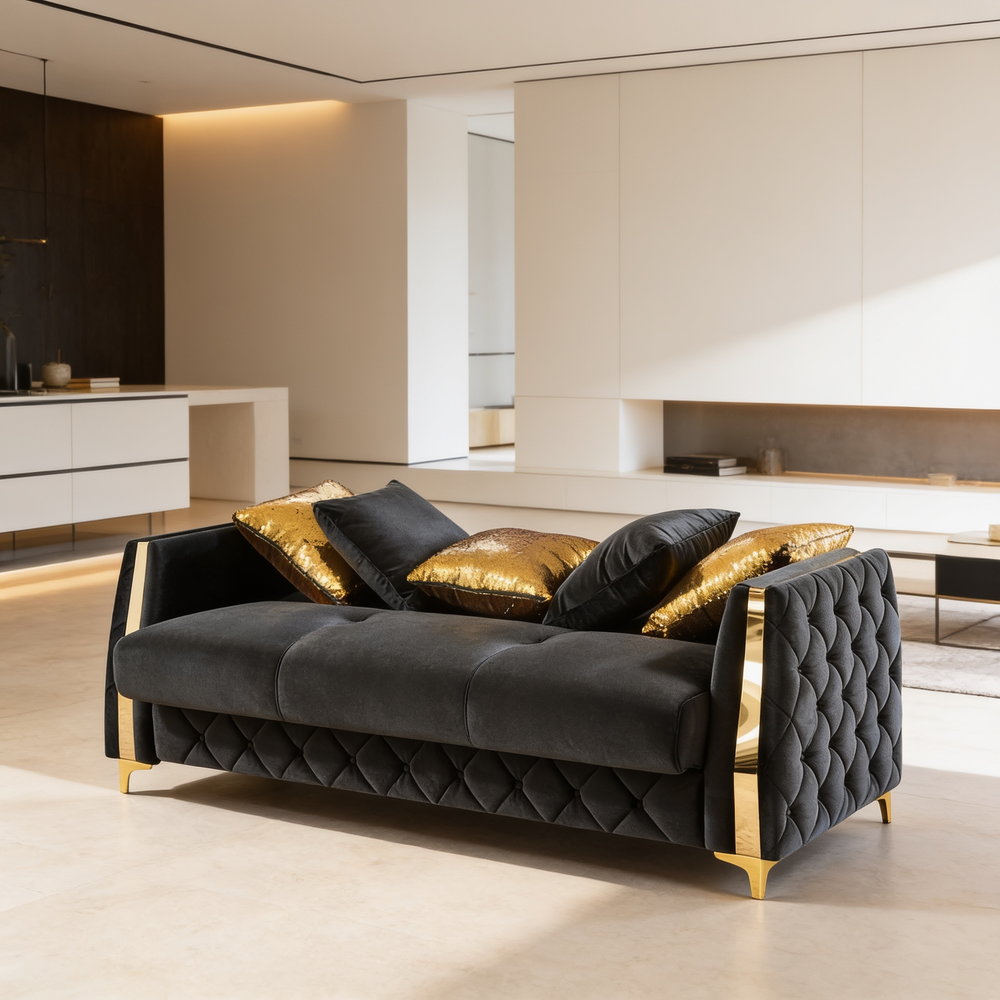 Lippa Upholstered Sofa in Black Fabric with Gold Stainless Steel Legs, Foam Cushioning and Sturdy Wood Frame-B009S02234 - 场景图