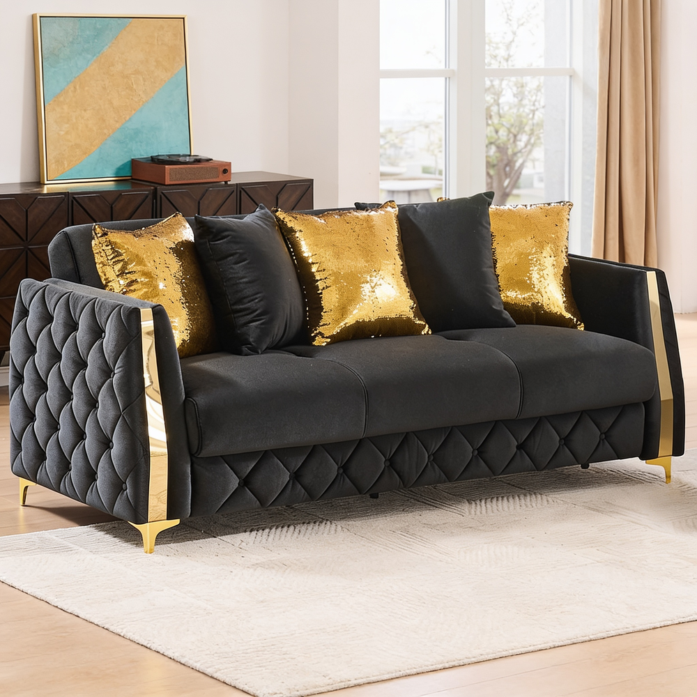 Lippa Upholstered Sofa in Black Fabric with Gold Stainless Steel Legs, Foam Cushioning and Sturdy Wood Frame-B009S02234 - 正方形修复