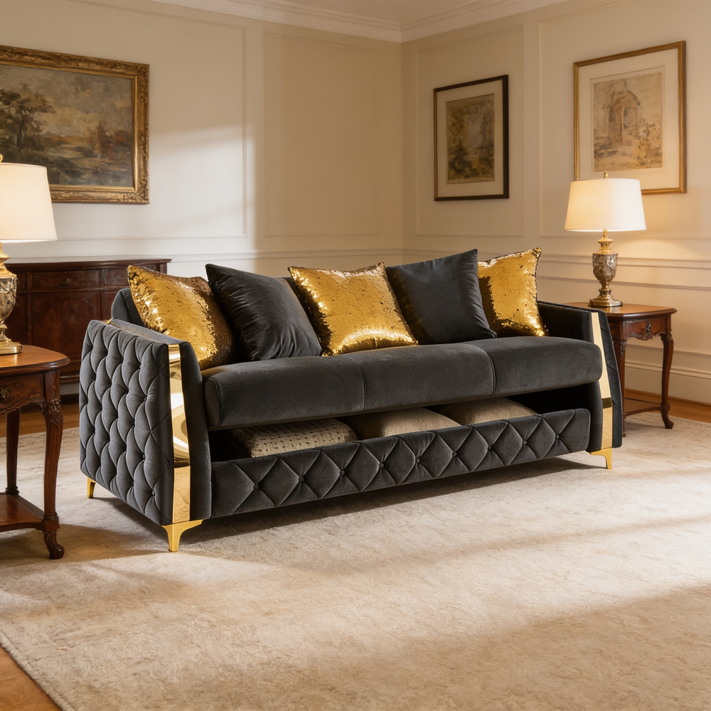 Lippa 2pc Upholstered Sofa and Loveseat Set in Black Fabric with Gold Stainless Steel Legs, Foam Cushioning and Sturdy Wood Frame-B009S02235 - 场景图