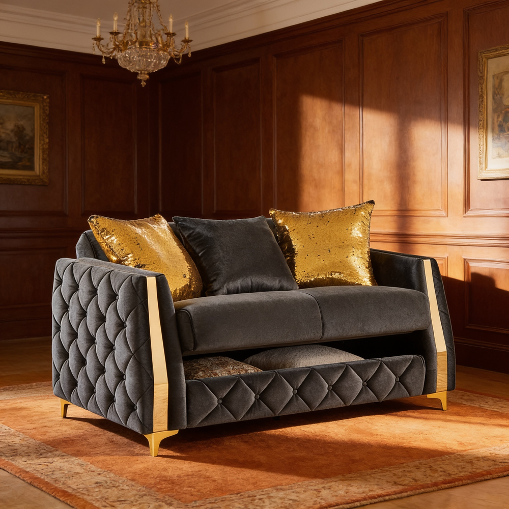 Lippa 2pc Upholstered Sofa and Loveseat Set in Black Fabric with Gold Stainless Steel Legs, Foam Cushioning and Sturdy Wood Frame-B009S02235 - 场景图