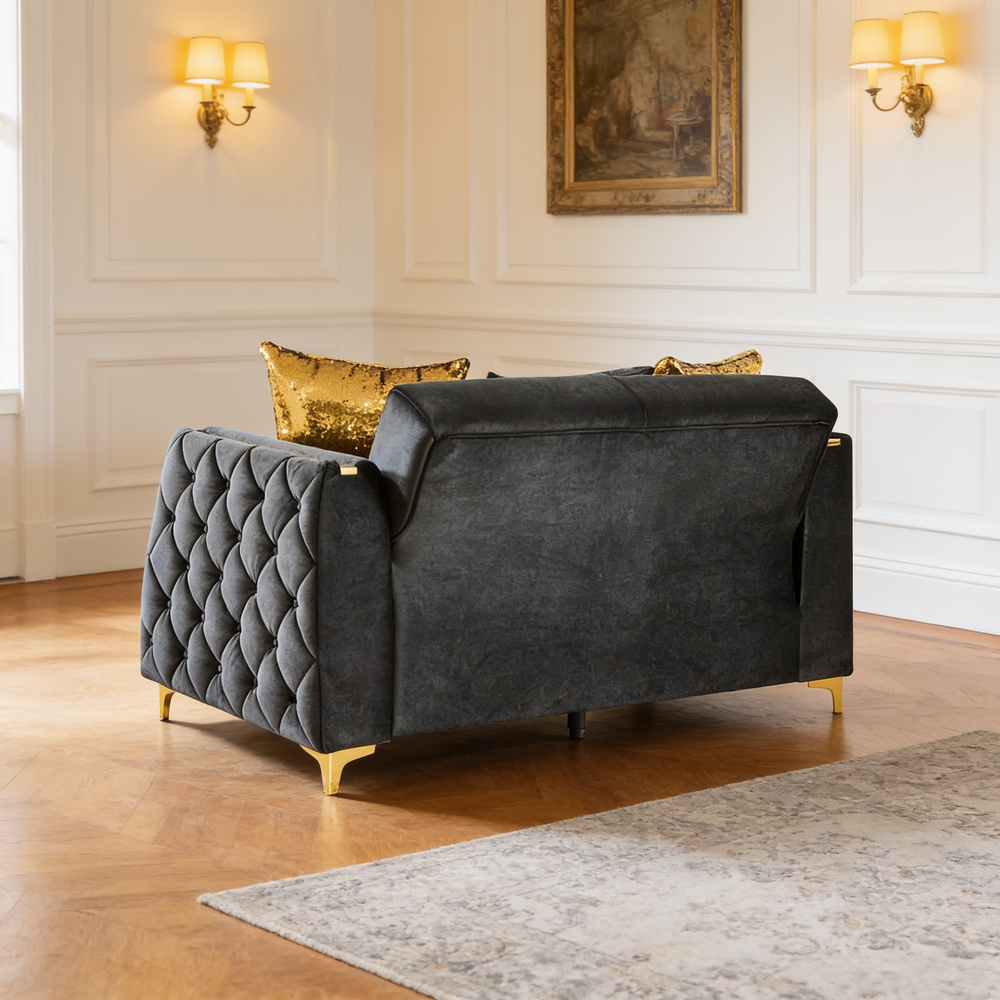 Lippa 2pc Upholstered Sofa and Loveseat Set in Black Fabric with Gold Stainless Steel Legs, Foam Cushioning and Sturdy Wood Frame-B009S02235 - 细节图